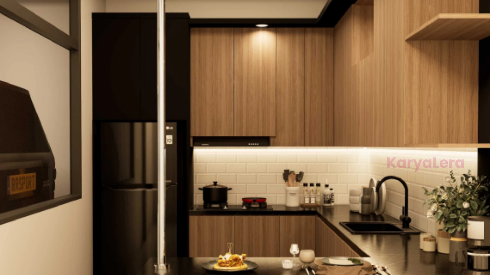 Visualisasi desain dapur dengan kabinet kayu dan backsplash putih